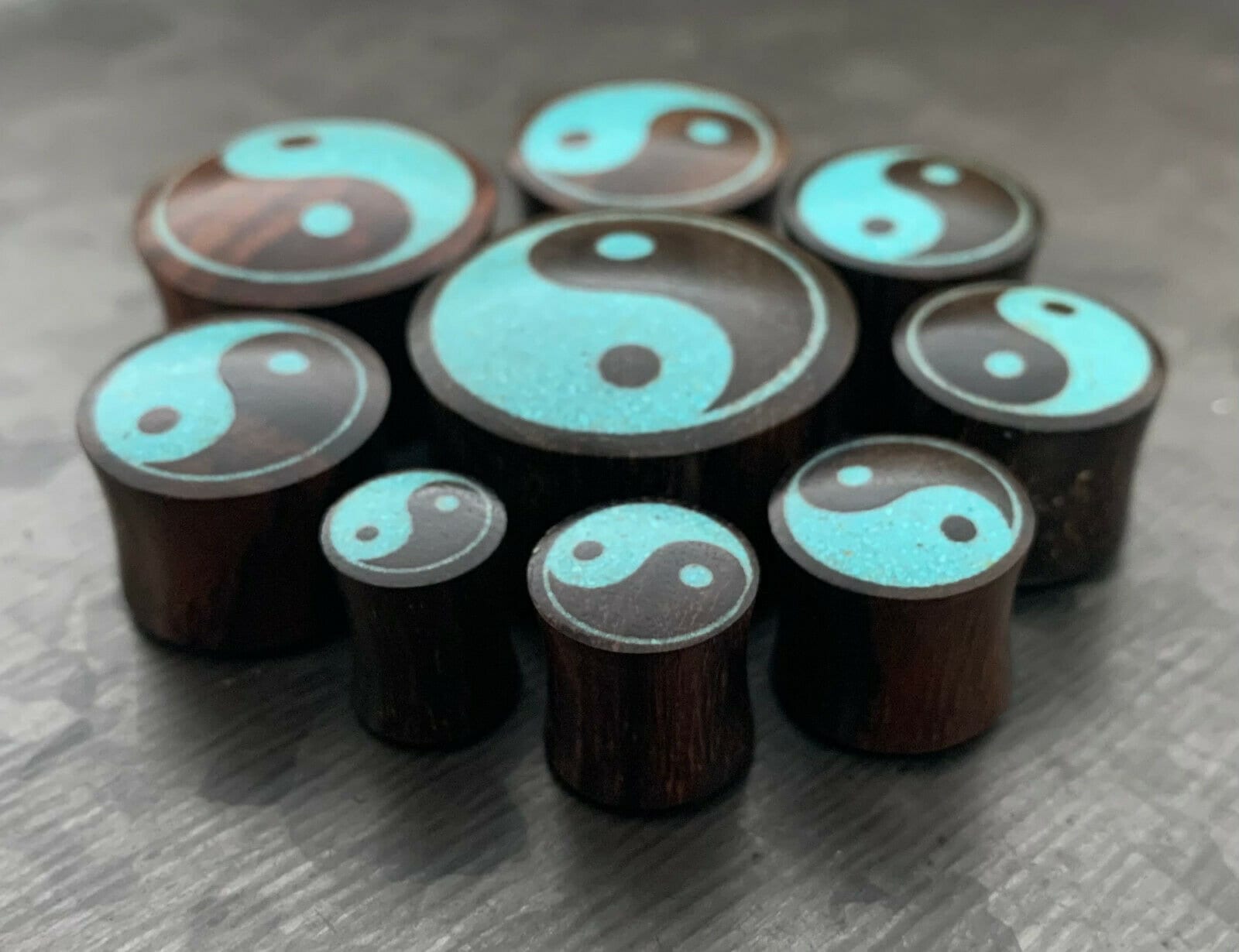 PAIR of Beautiful Crushed Turquoise Yin Yang Inlaid Wood Saddle Plugs - Gauges 0g (8mm) thru 1" (25mm) available!