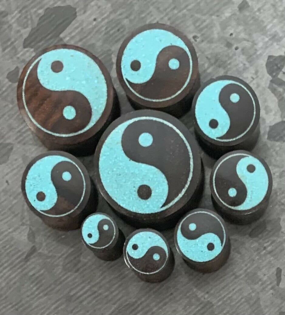 PAIR of Beautiful Crushed Turquoise Yin Yang Inlaid Wood Saddle Plugs - Gauges 0g (8mm) thru 1" (25mm) available!