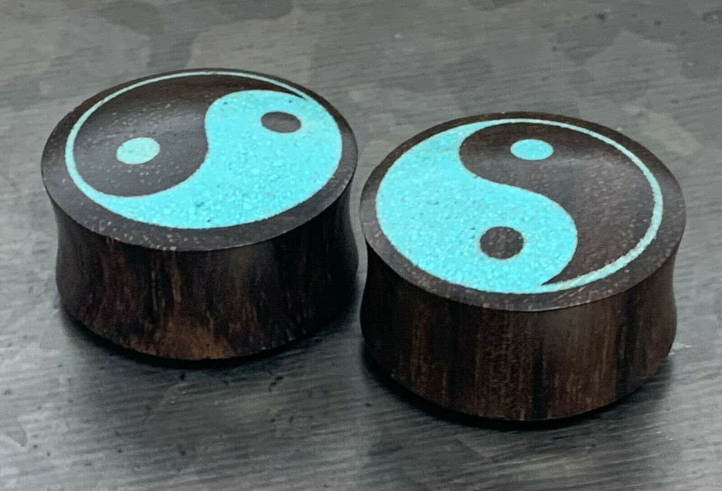 PAIR of Beautiful Crushed Turquoise Yin Yang Inlaid Wood Saddle Plugs - Gauges 0g (8mm) thru 1" (25mm) available!