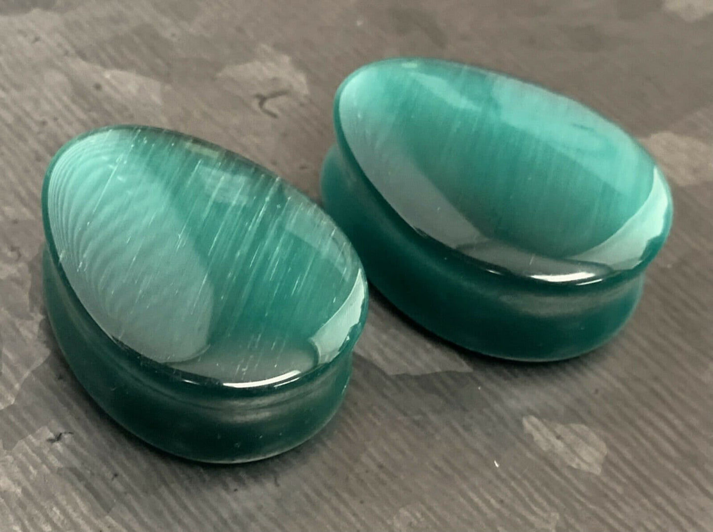 PAIR of Stunning Deep Green Cat Eye Stone Teardrop Double Flare Plugs - Gauges 2g (6mm) thru 1" (25mm) available!