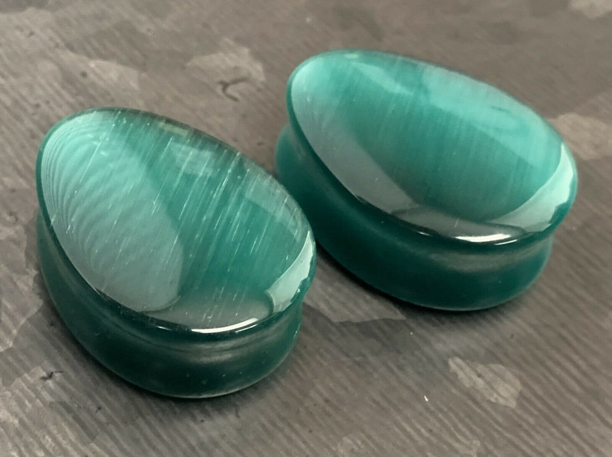 PAIR of Stunning Deep Green Cat Eye Stone Teardrop Double Flare Plugs - Gauges 2g (6mm) thru 1" (25mm) available!
