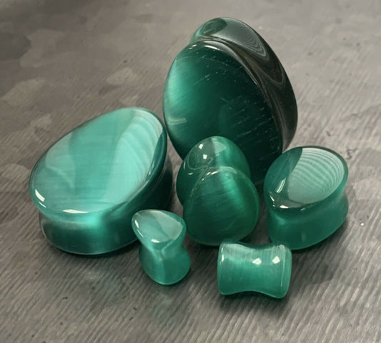 PAIR of Stunning Deep Green Cat Eye Stone Teardrop Double Flare Plugs - Gauges 2g (6mm) thru 1" (25mm) available!