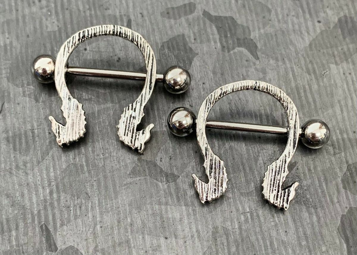 PAIR of Unique Seahorse Design Steel Nipple Barbells/Shields/Rings - Barbell 14g, 16mm (5/8") - Wearable length 14mm (9/16")!