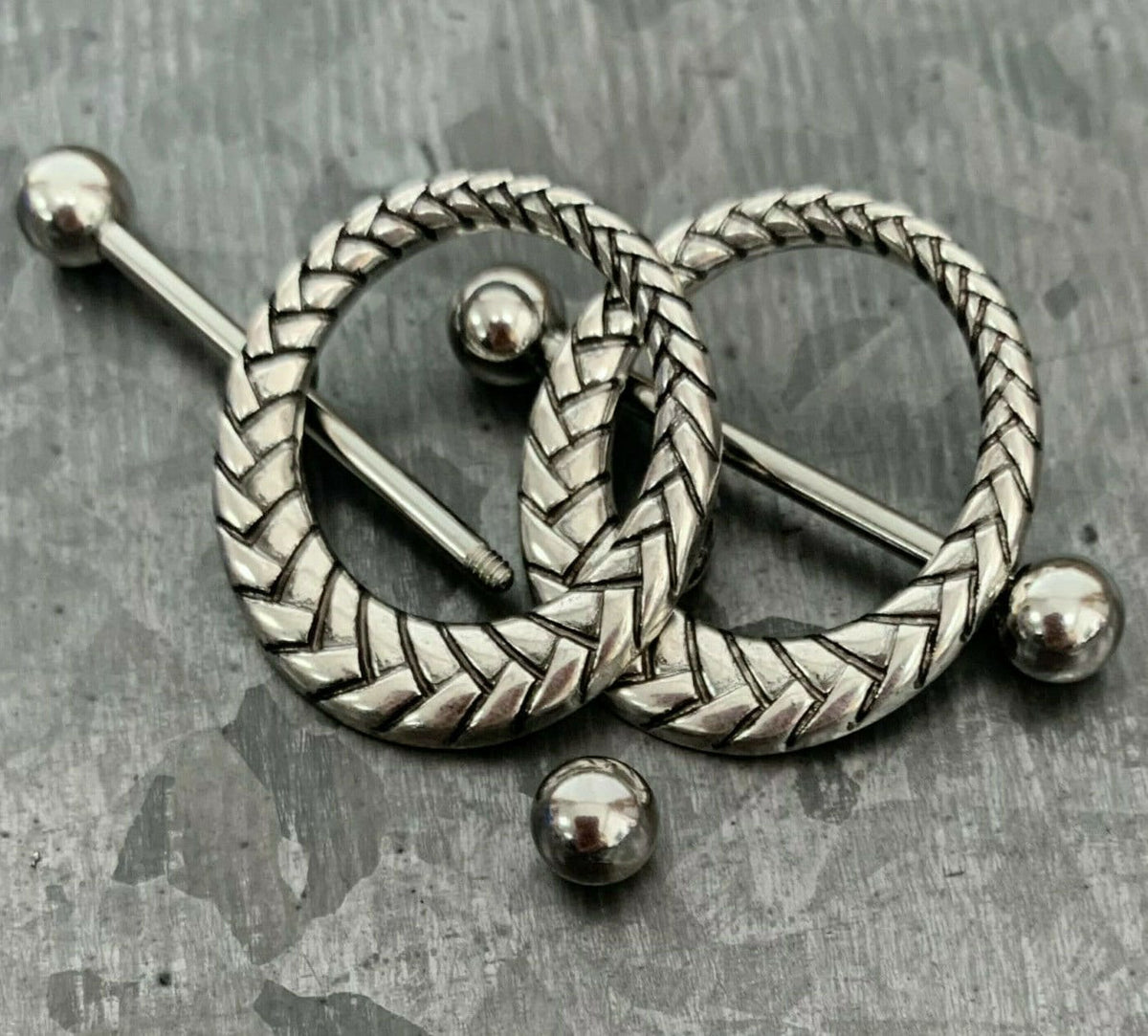 PAIR of Unique Dragon Scales / Snake Skin Design Steel Nipple Barbells/Shields/Rings - Barbell 14g, 22mm (7/8"), Wearable length 14mm(916")!