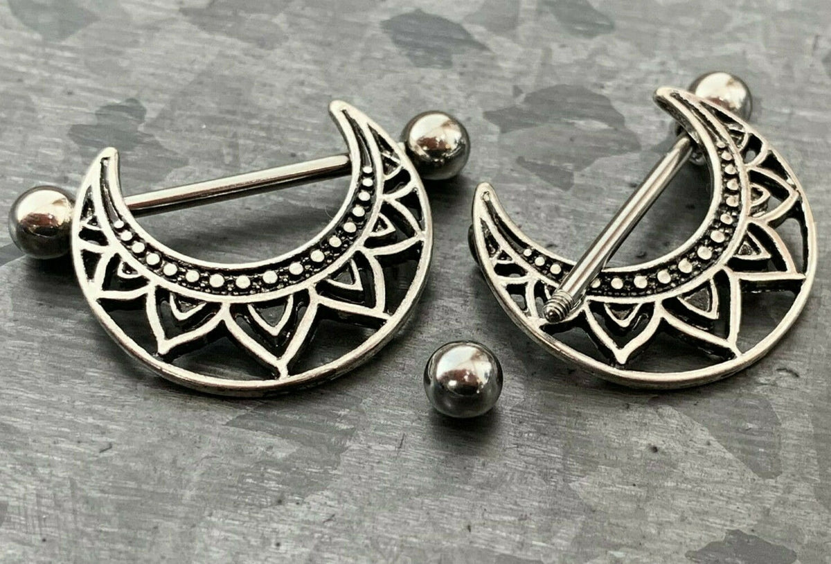 PAIR of Unique Tribal Adornment Design Steel Nipple Barbells/Shields/Rings - Barbell 14g, 22mm (7/8"), Wearable length 14mm (916")!