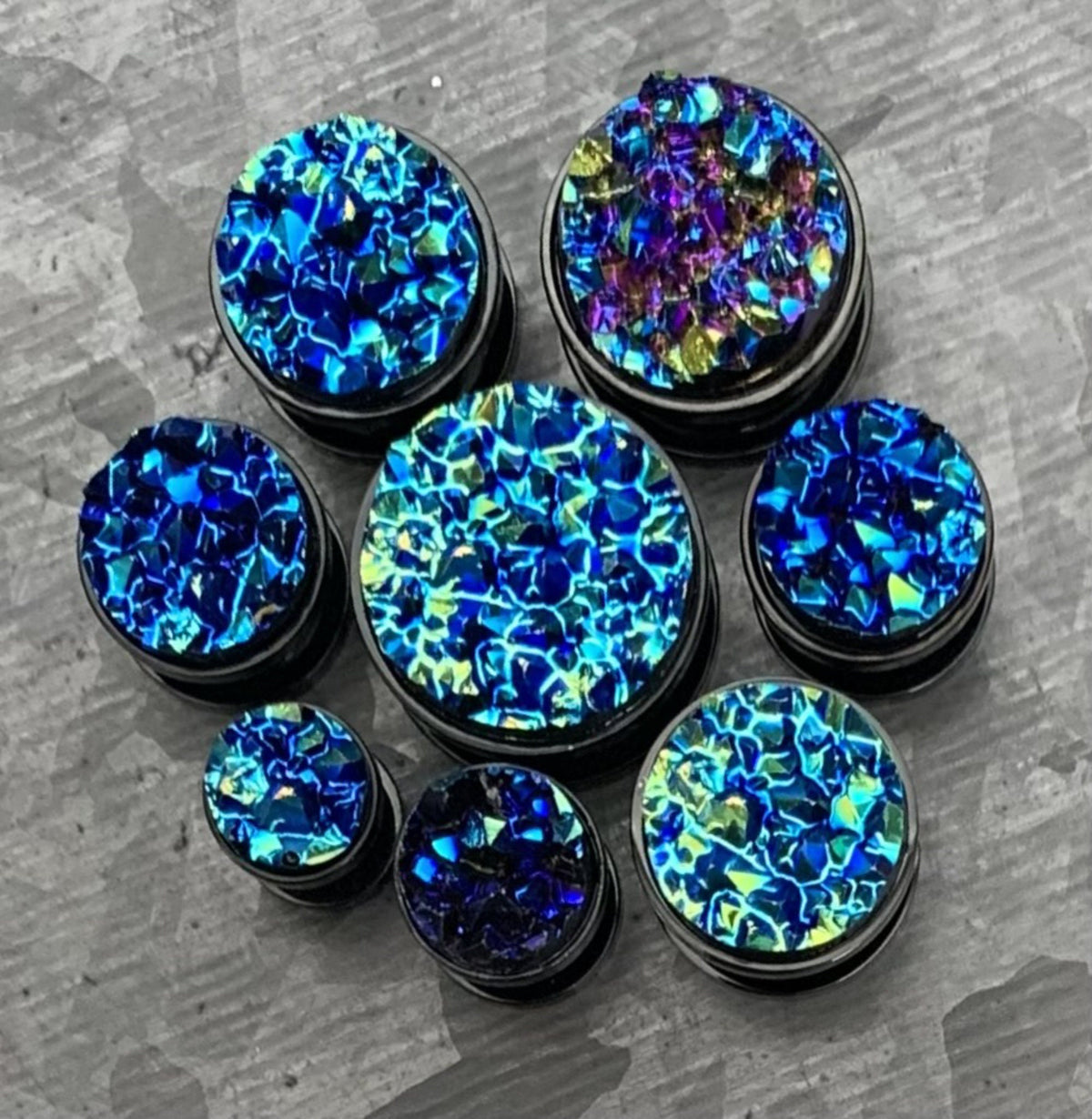 PAIR of Unique Synthetic Druzy Stone Steel Screw Fit Tunnels/Plugs - White or Blue - Gauges 2g (6mm) thru 5/8" (16mm) available!