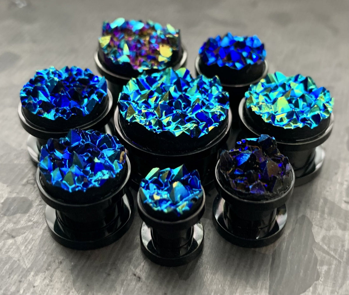 PAIR of Unique Synthetic Druzy Stone Steel Screw Fit Tunnels/Plugs - White or Blue - Gauges 2g (6mm) thru 5/8" (16mm) available!