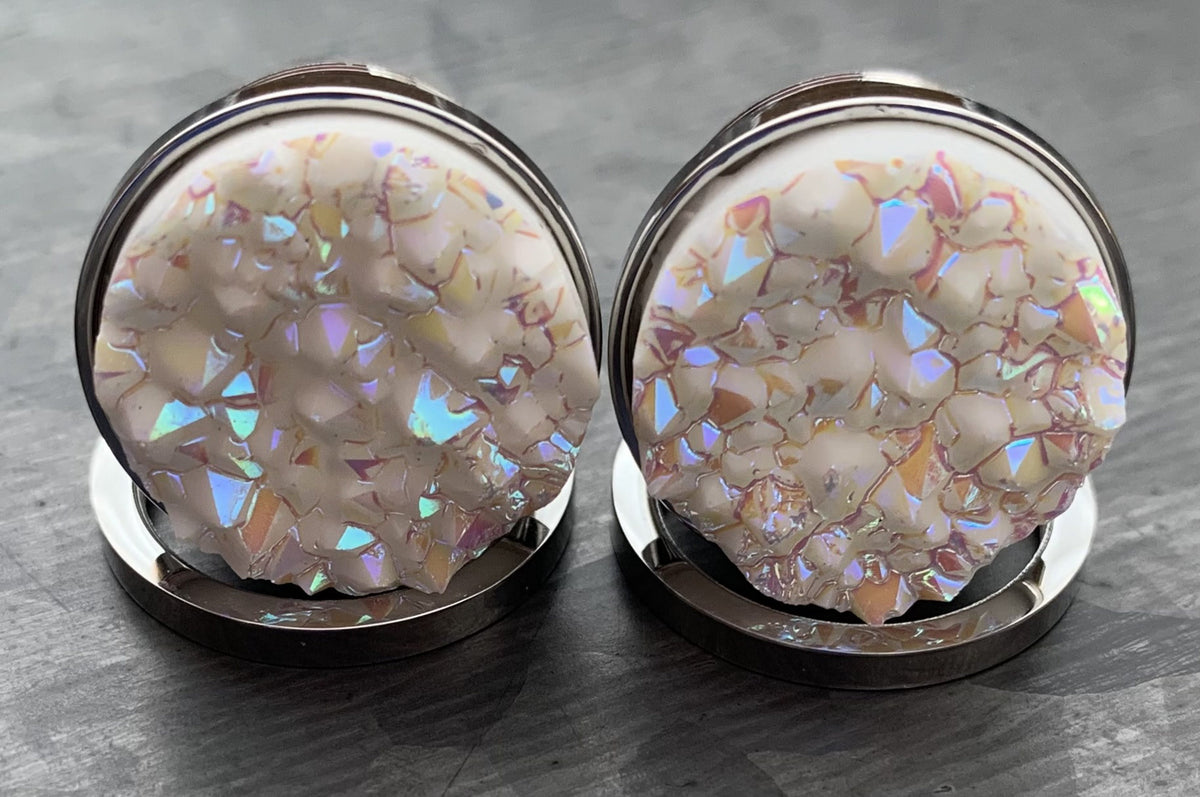 PAIR of Unique Synthetic Druzy Stone Steel Screw Fit Tunnels/Plugs - White or Blue - Gauges 2g (6mm) thru 5/8" (16mm) available!