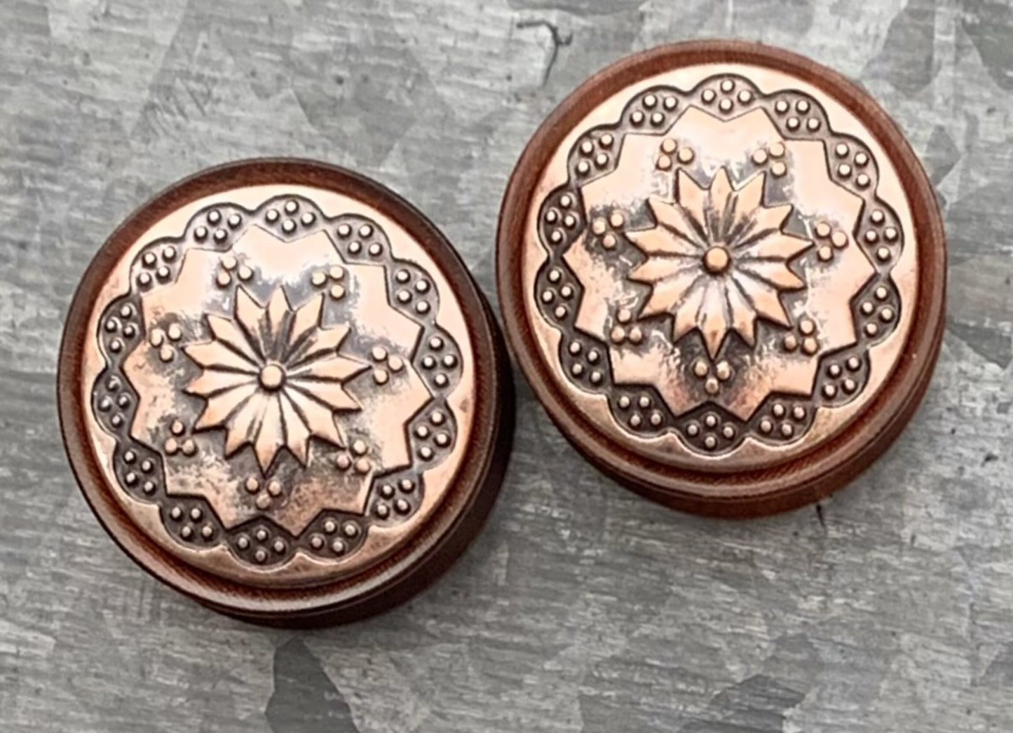 PAIR of Beautiful Organic Rose Wood with Floral Tribal Pattern Saddle Plugs - only 14mm left!