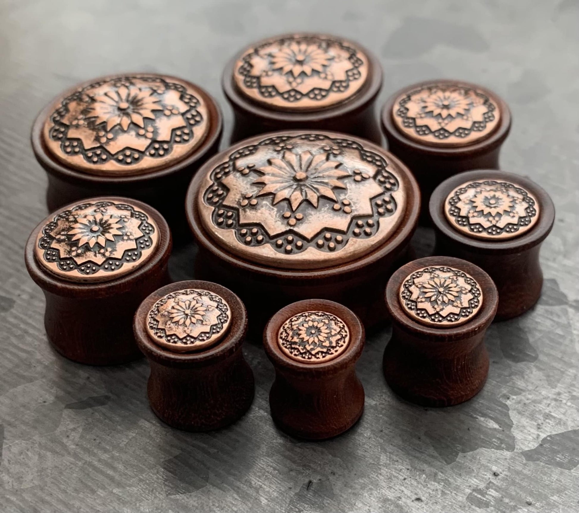 PAIR of Beautiful Organic Rose Wood with Floral Tribal Pattern Saddle Plugs - only 14mm left!