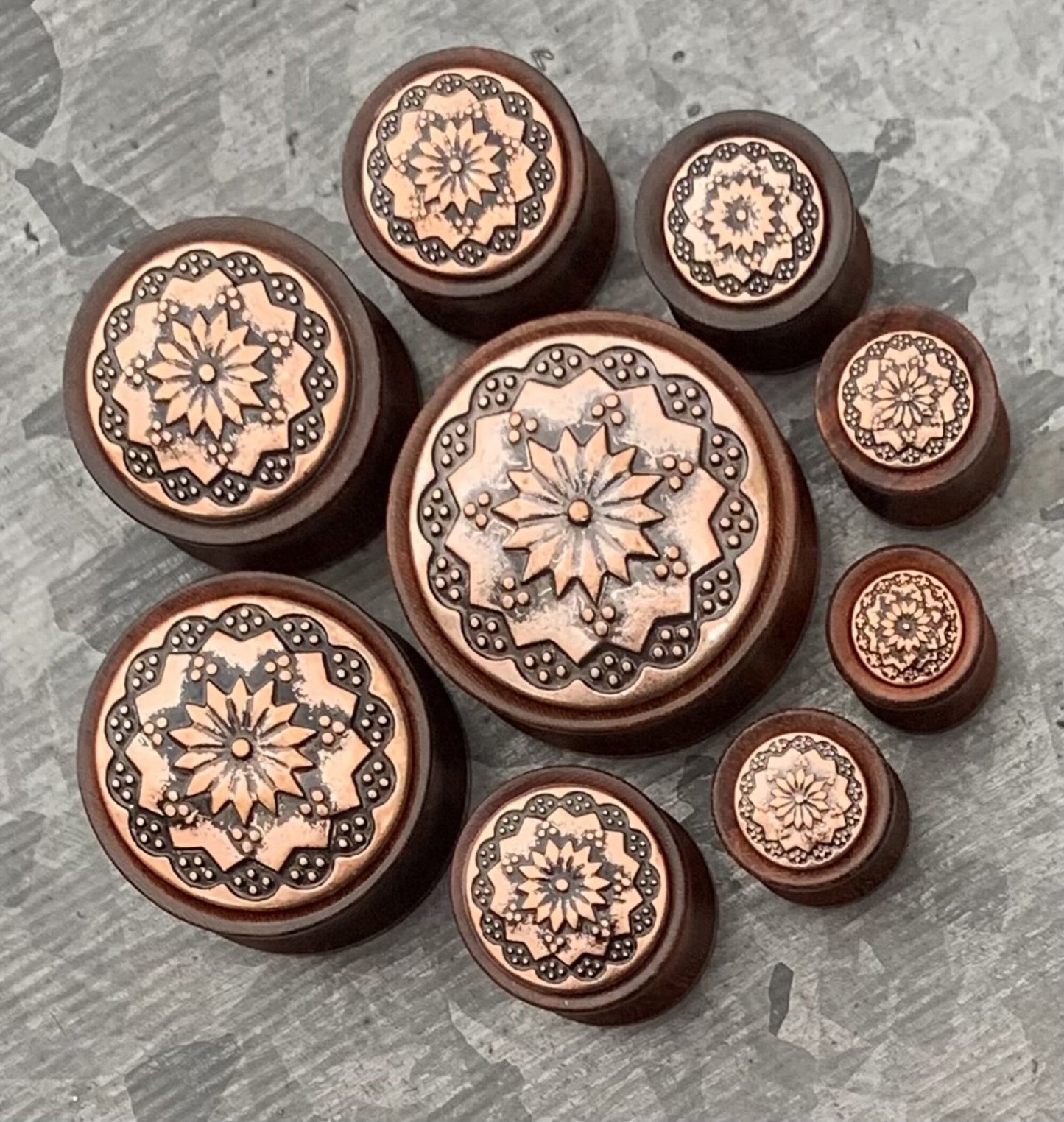 PAIR of Beautiful Organic Rose Wood with Floral Tribal Pattern Saddle Plugs - only 14mm left!