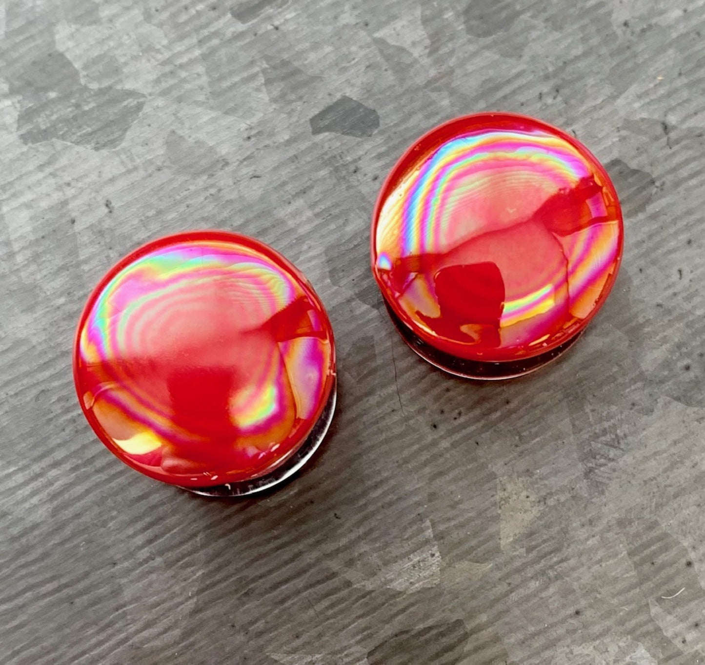 PAIR of Red Fire Pearl Design Pyrex Glass Double Flare Plugs - Gauges 2g (6mm) thru 5/8" (16mm) available!