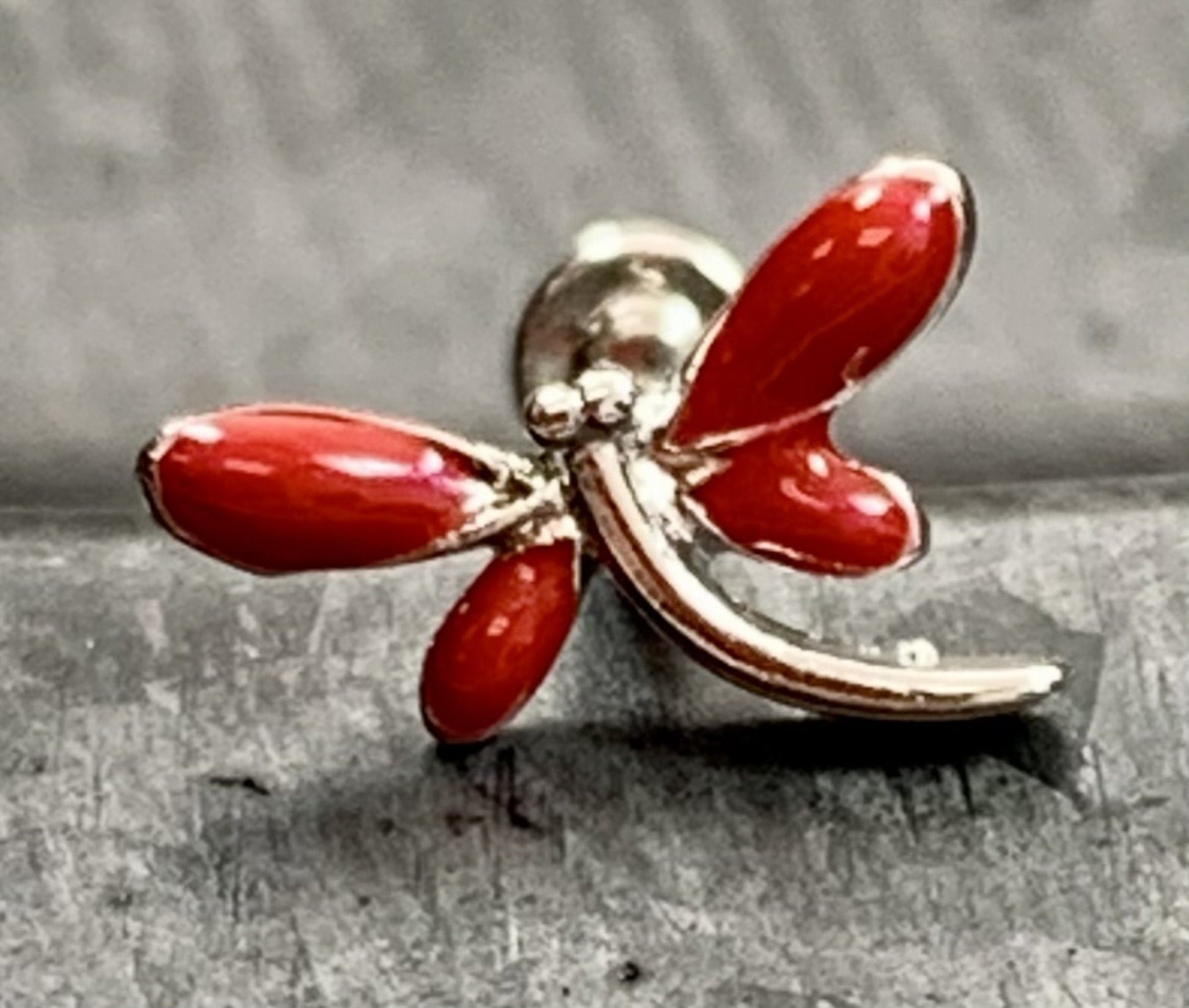 1 Piece Red Dragonfly Internally Threaded Labret Stud - 16g - Post Length 6mm or 8mm Available!