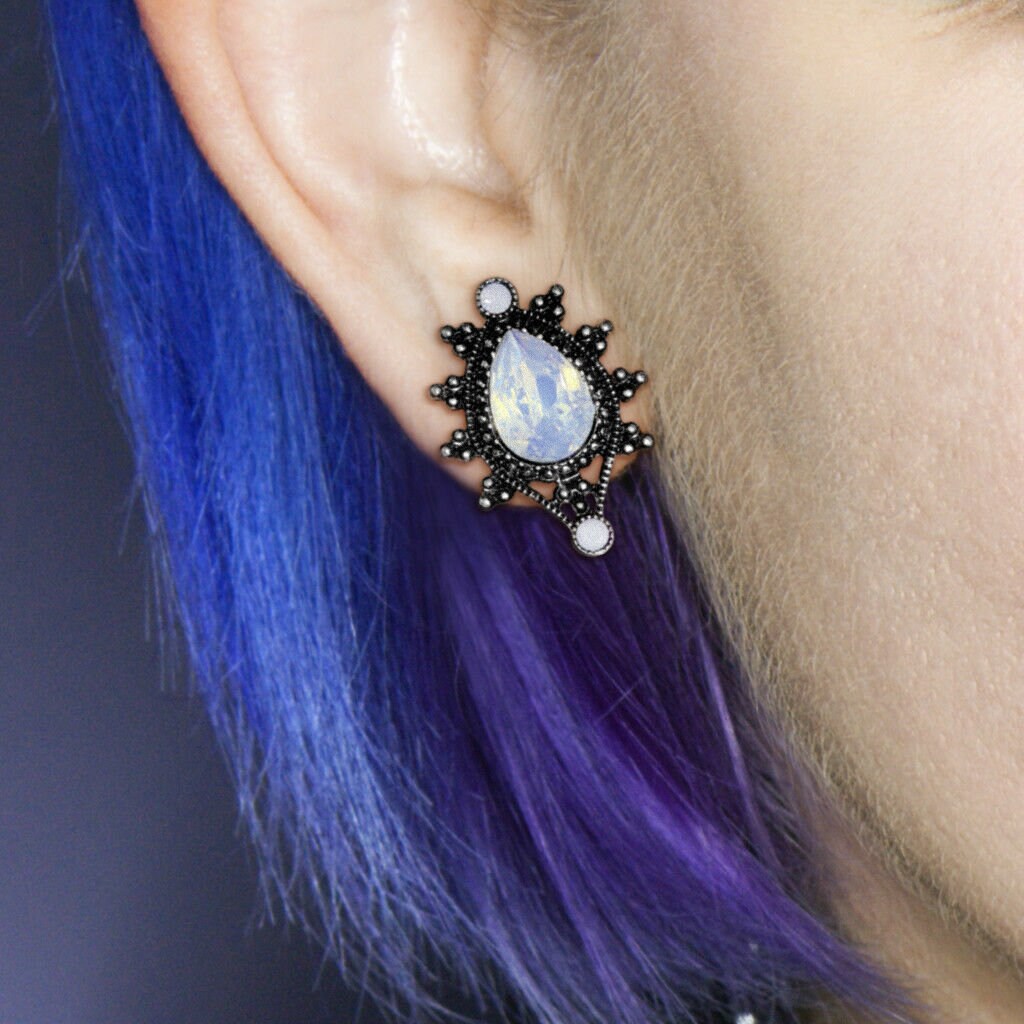 PAIR of Unique Vintage Antique Silver Top Faceted Opalite Teardrop Double Flare Tunnels/Plugs - Gauges 2g (6mm) thru 5/8" (16mm) available!