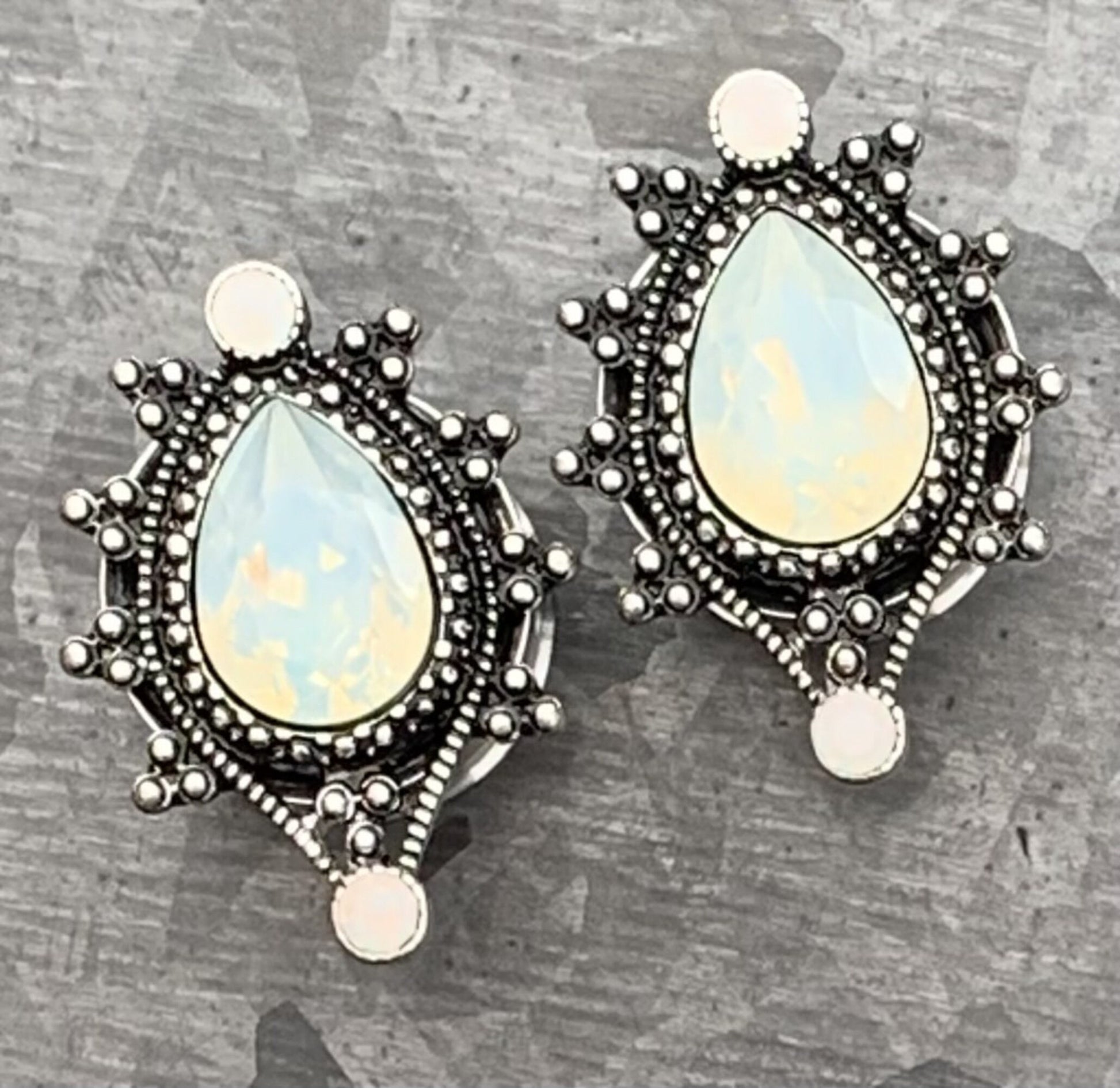 PAIR of Unique Vintage Antique Silver Top Faceted Opalite Teardrop Double Flare Tunnels/Plugs - Gauges 2g (6mm) thru 5/8" (16mm) available!