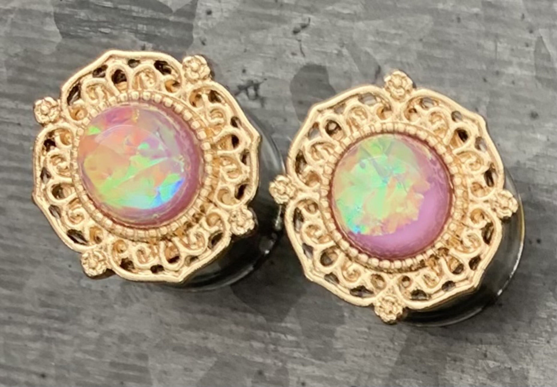 PAIR of Stunning Gold Tribal Plated Surgical Steel Plugs with a Center Pink Synthetic Opal - Gauges 2g (6mm) thru 5/8" (16mm) available!