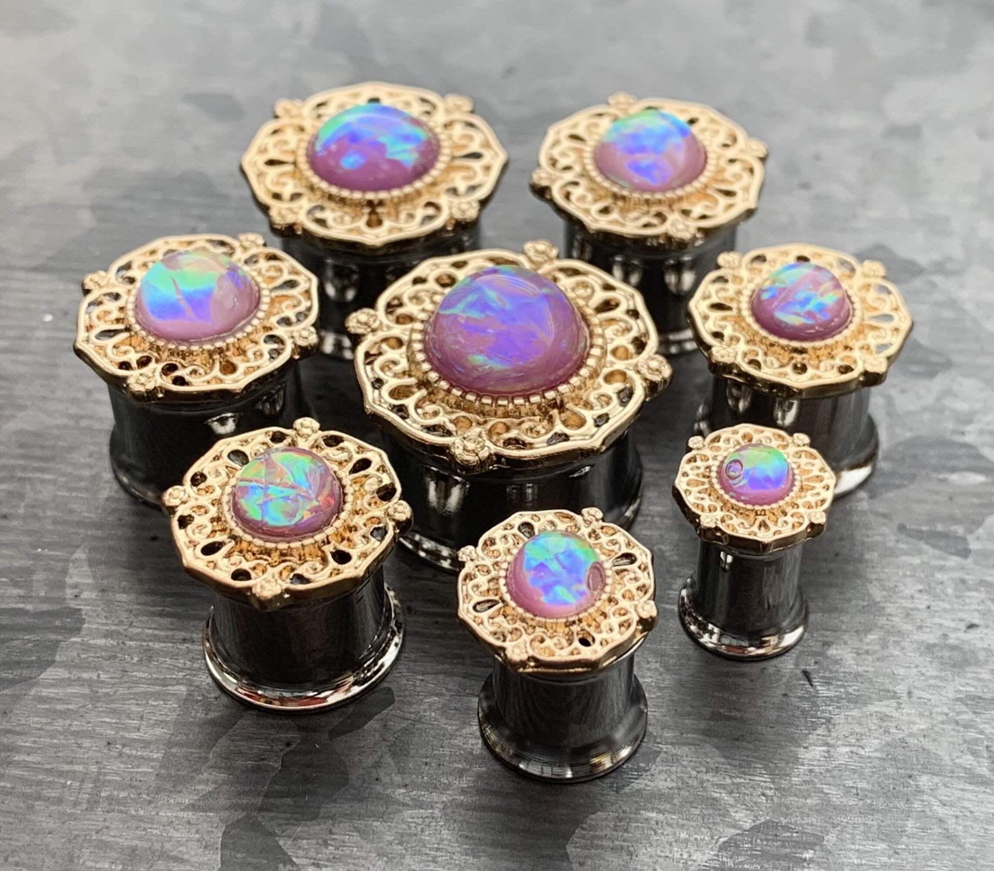 PAIR of Stunning Gold Tribal Plated Surgical Steel Plugs with a Center Pink Synthetic Opal - Gauges 2g (6mm) thru 5/8" (16mm) available!