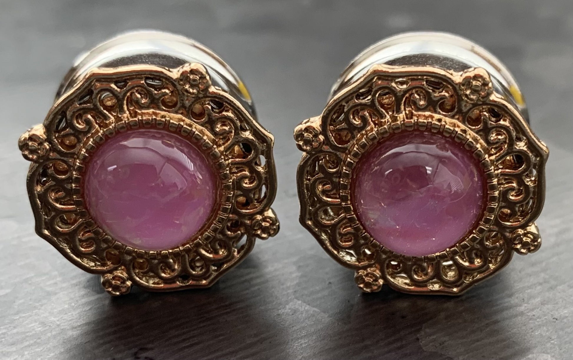 PAIR of Stunning Gold Tribal Plated Surgical Steel Plugs with a Center Pink Synthetic Opal - Gauges 2g (6mm) thru 5/8" (16mm) available!