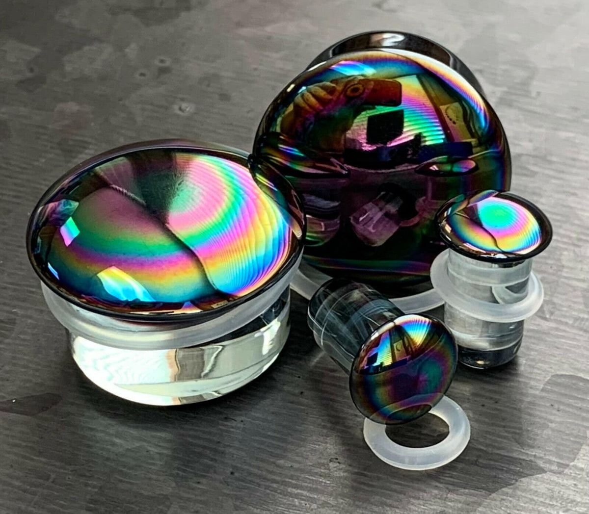 PAIR of Beautiful Oil Slick Design Pyrex Glass Single Flare Plugs with O-Rings - Gauges 4g (5mm) thru 7/8" (22mm) available!