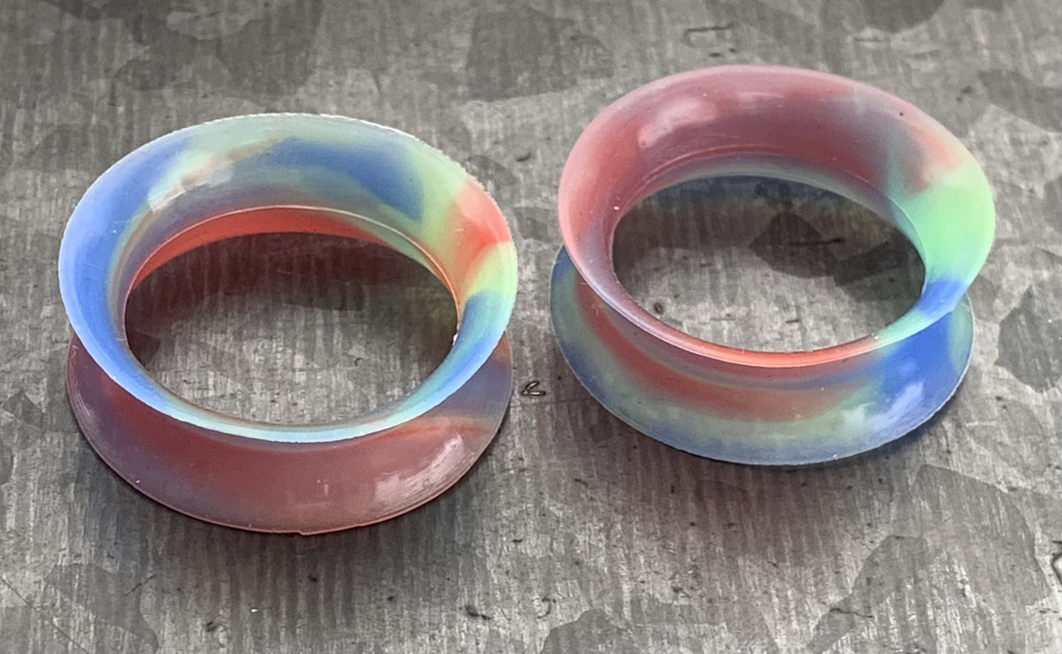 PAIR of Unique Rainbow Swirl Ultra Thin Silicone Double Flare Tunnels/Plugs - Gauges 4g (5mm) thru 7/8" (22mm) available!