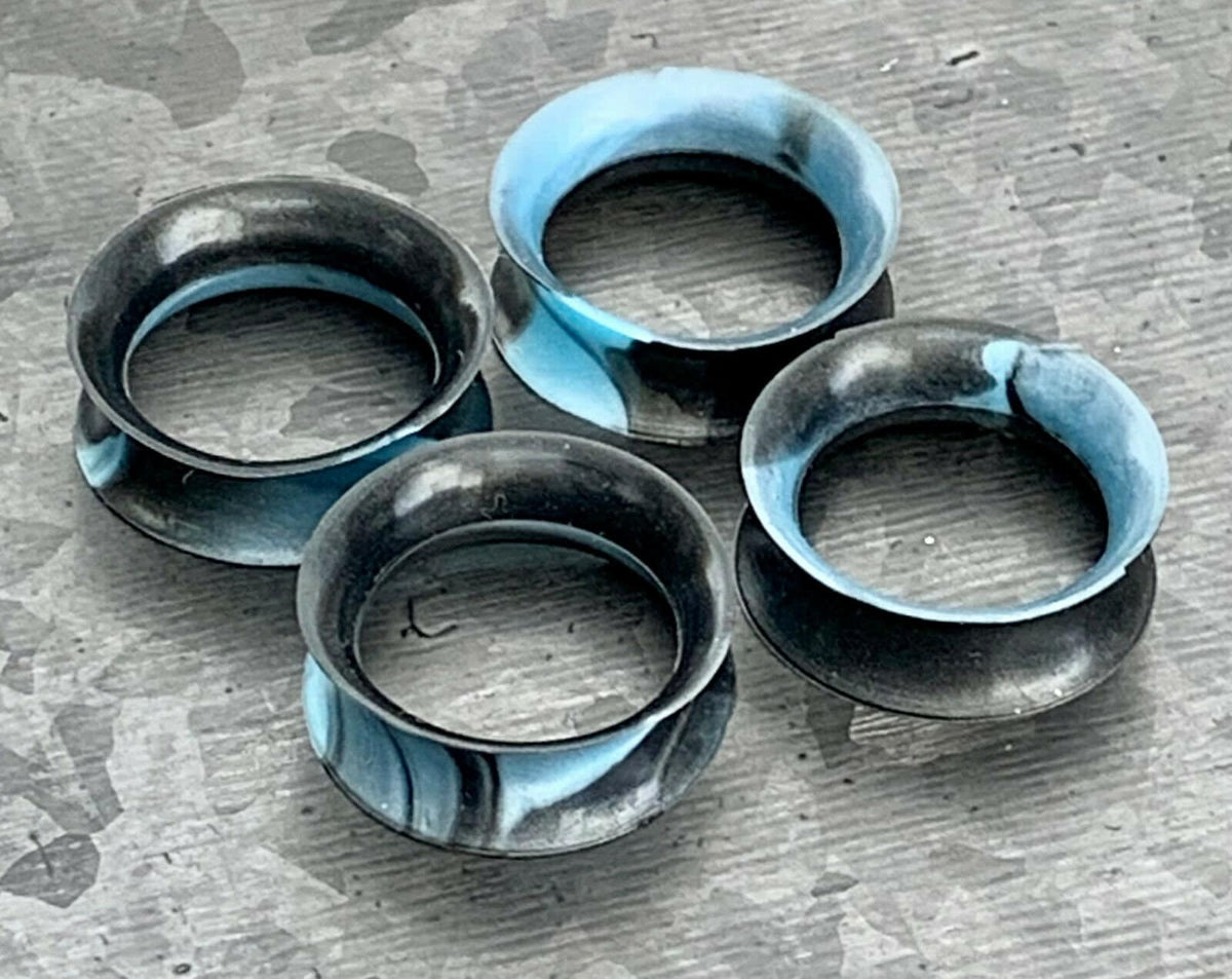 PAIR Beautiful Black & Aqua Swirl Ultra Thin Silicone Double Flare Tunnels/Plugs - Gauges 4g (5mm) thru 7/8" (22mm) available!