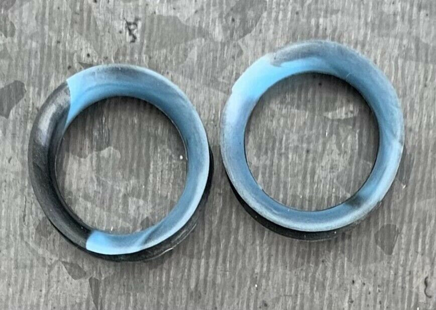 PAIR Beautiful Black & Aqua Swirl Ultra Thin Silicone Double Flare Tunnels/Plugs - Gauges 4g (5mm) thru 7/8" (22mm) available!