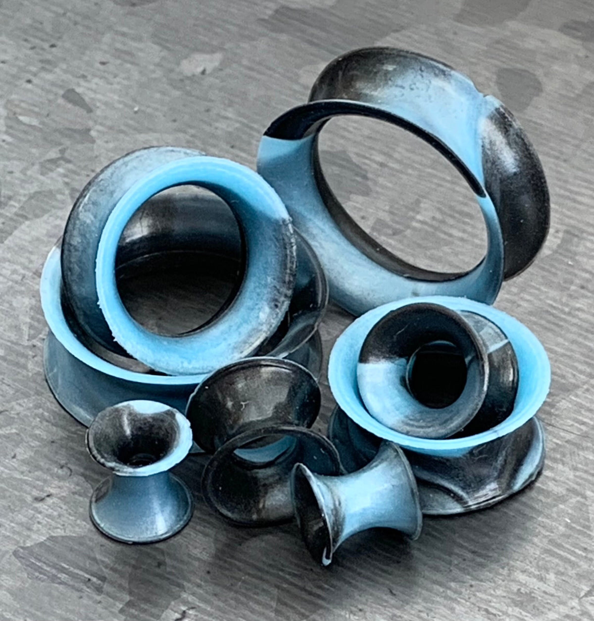 PAIR Beautiful Black & Aqua Swirl Ultra Thin Silicone Double Flare Tunnels/Plugs - Gauges 4g (5mm) thru 7/8" (22mm) available!