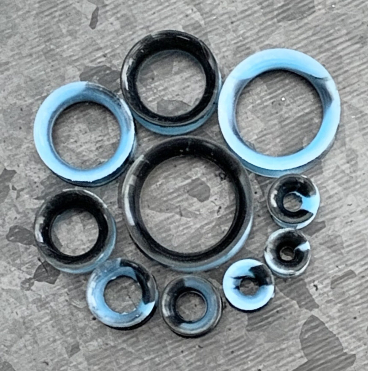 PAIR Beautiful Black & Aqua Swirl Ultra Thin Silicone Double Flare Tunnels/Plugs - Gauges 4g (5mm) thru 7/8" (22mm) available!