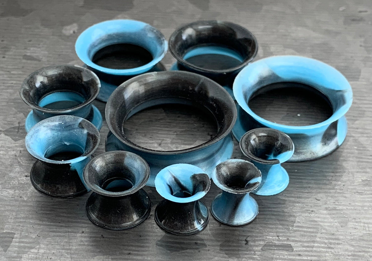 PAIR Beautiful Black & Aqua Swirl Ultra Thin Silicone Double Flare Tunnels/Plugs - Gauges 4g (5mm) thru 7/8" (22mm) available!