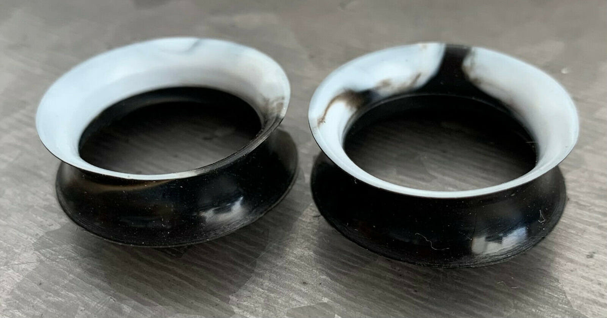 PAIR Black & White Swirl Ultra Thin Silicone Double Flare Tunnels/Plugs - Gauges 4g (5mm) thru 7/8" (22mm) available!