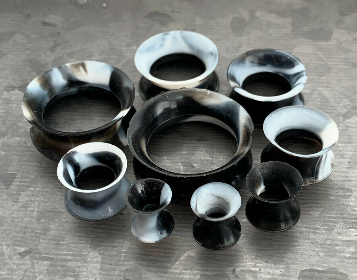 PAIR Black & White Swirl Ultra Thin Silicone Double Flare Tunnels/Plugs - Gauges 4g (5mm) thru 7/8" (22mm) available!