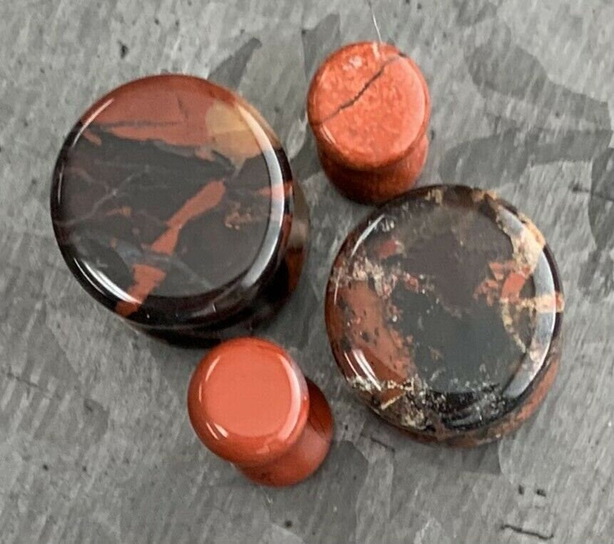 PAIR of Beautiful Organic Natural Red Brecciated Jasper Stone Double Flare Plugs - Gauges 6g (4mm) thru 1" (25mm) Available!