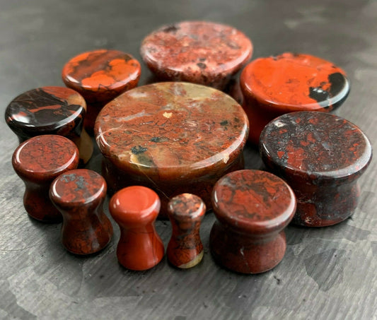 PAIR of Beautiful Organic Natural Red Brecciated Jasper Stone Double Flare Plugs - Gauges 6g (4mm) thru 1" (25mm) Available!