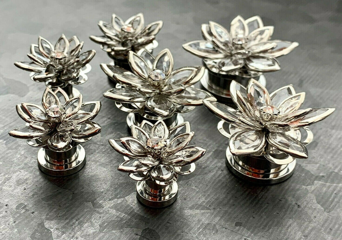 PAIR of Brilliant Crystal Petals Flower Steel Screw Fit Tunnels