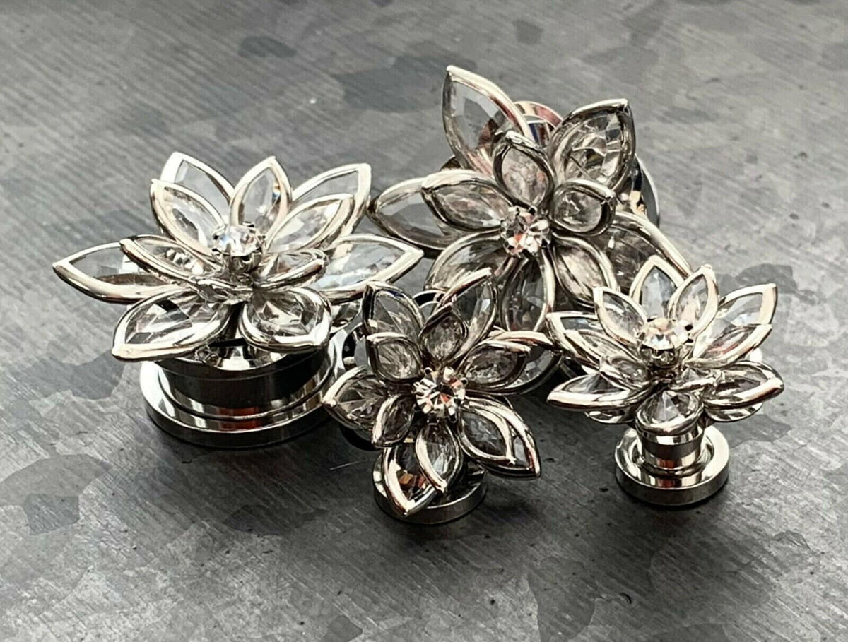 PAIR of Brilliant Crystal Petals Flower Steel Screw Fit Tunnels