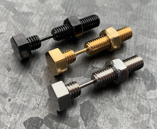 PAIR of Unique Hexagon Nut & Bolt Faux / Fake / Cheater Plugs - Gauges 16g, 18g- Steel, Gold and Black Available!