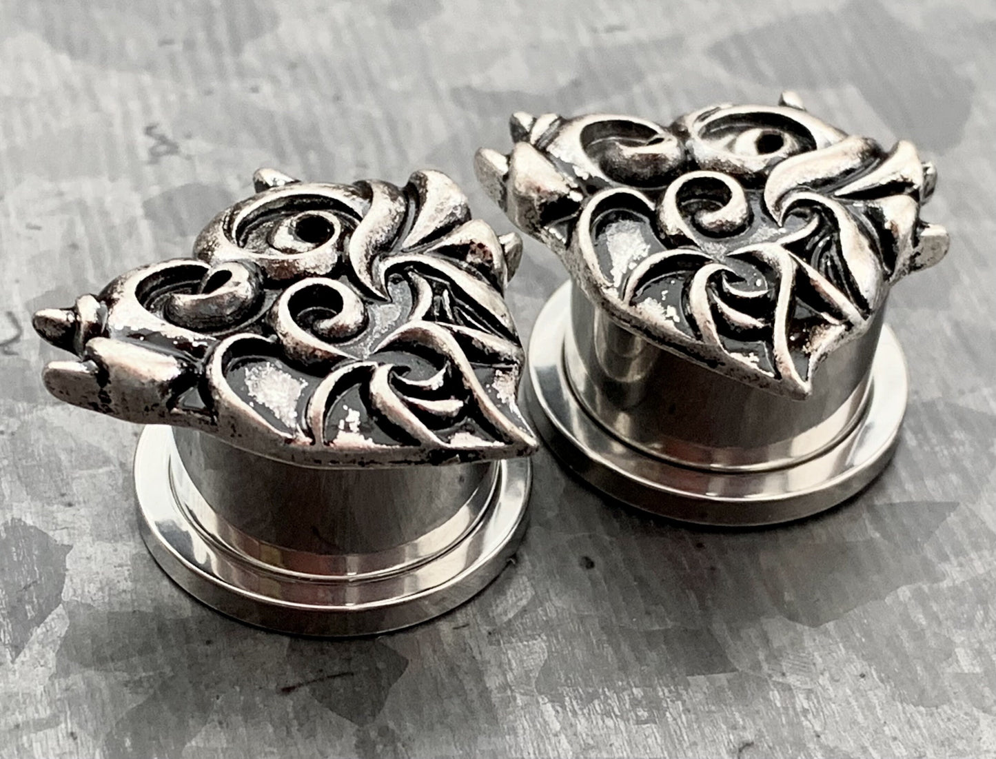 PAIR of Stunning Antique Silver Devil Heart Surgical Steel Internally Threaded Tunnels/Plugs - Gauges 2g (6mm) thru 5/8" (16mm) Available!