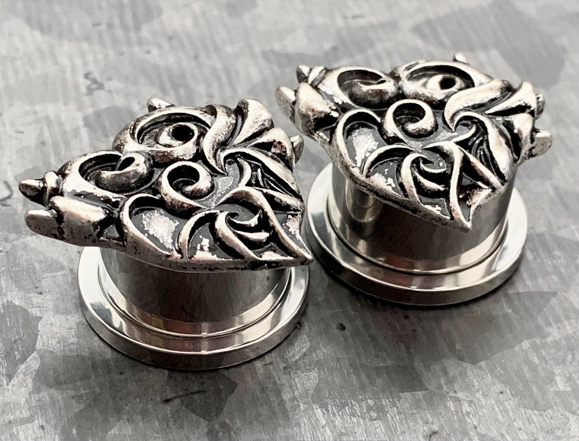 PAIR of Stunning Antique Silver Devil Heart Surgical Steel Internally Threaded Tunnels/Plugs - Gauges 2g (6mm) thru 5/8" (16mm) Available!