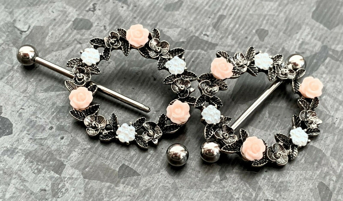 PAIR of Stunning Floral Wreath Steel Barbell Nipple Ring/Shields - Wearable Length 14mm - Barbell Length 28mm - Silver and Gold available!