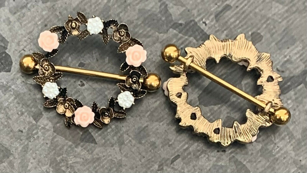 PAIR of Stunning Floral Wreath Steel Barbell Nipple Ring/Shields - Wearable Length 14mm - Barbell Length 28mm - Silver and Gold available!