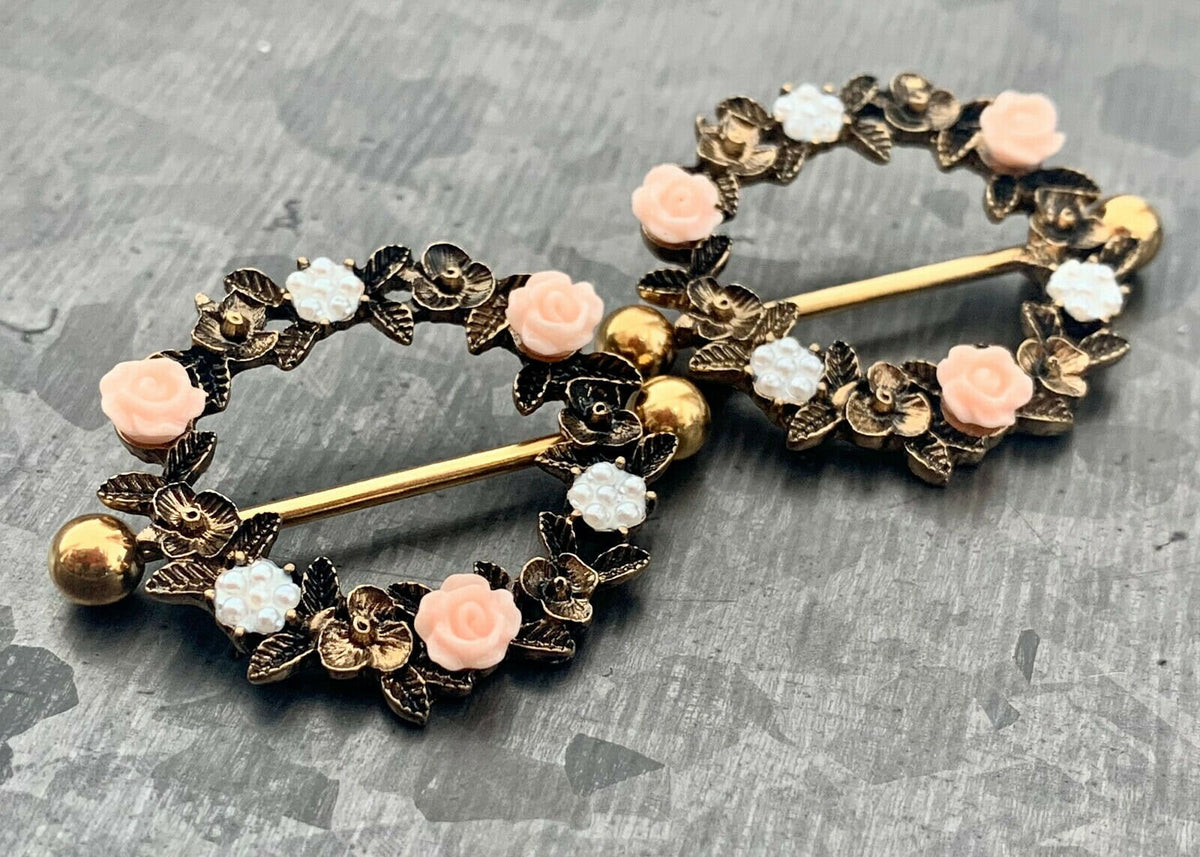 PAIR of Stunning Floral Wreath Steel Barbell Nipple Ring/Shields - Wearable Length 14mm - Barbell Length 28mm - Silver and Gold available!