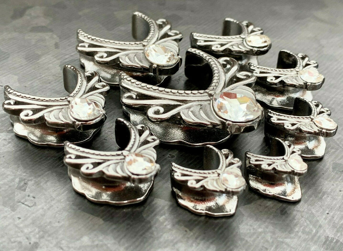 PAIR of Unique Floral Filigree V-Shaped Pear Gem Surgical Steel Ear Spreader Tunnels/Plugs - Gauges 00g (10mm) thru 1" (25mm) Available!