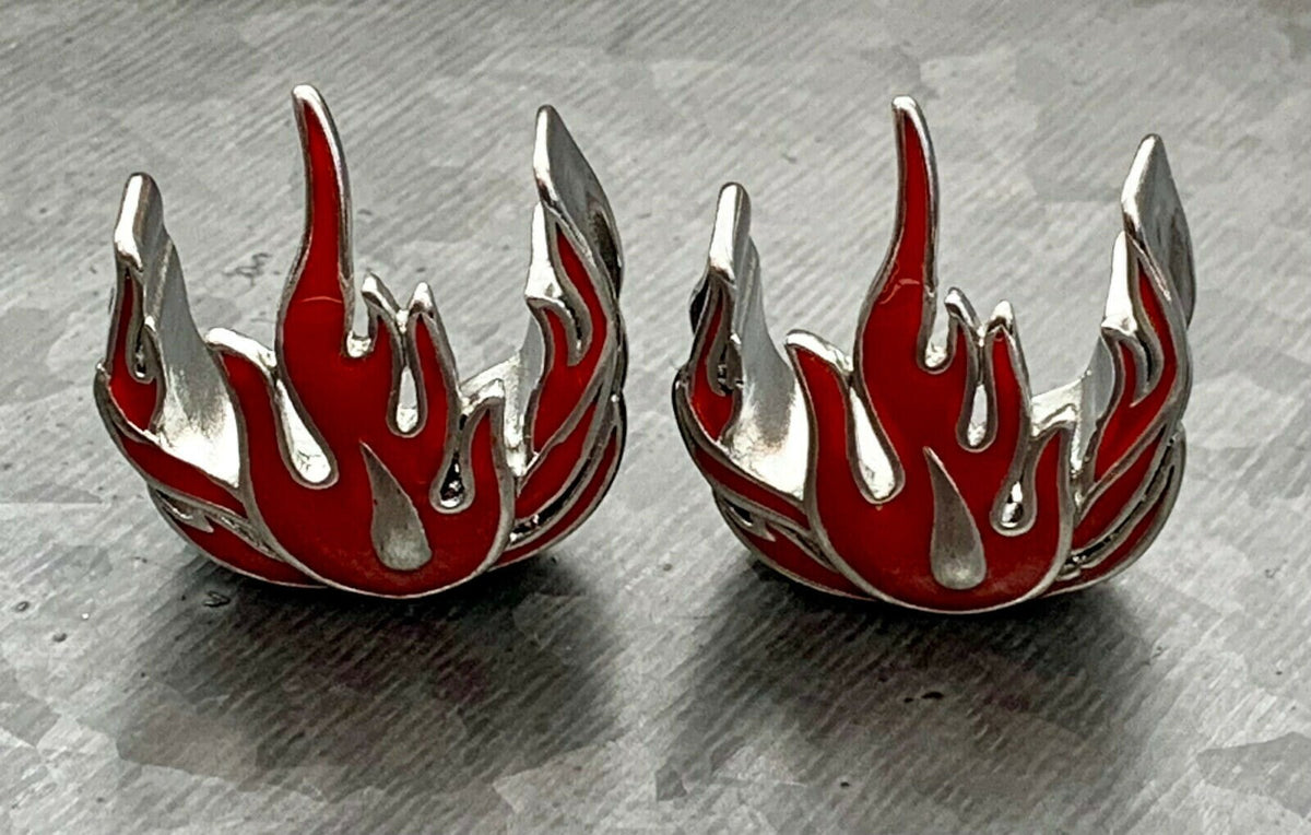 PAIR of Unique Red Flames Steel Saddle Ear Spreader Tunnels/Plugs - Gauges 00g (10mm) thru 1" (25mm) available!