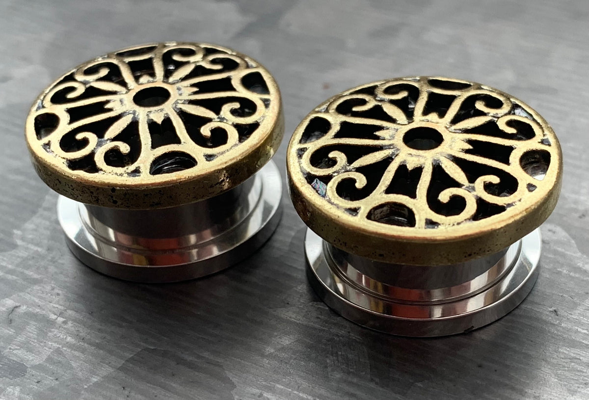 PAIR of Unique Burnished Gold Plate Tribal Hearts Top Steel Screw Fit Tunnels - Gauges 2g (6mm) thru 5/8" (16mm) Available!