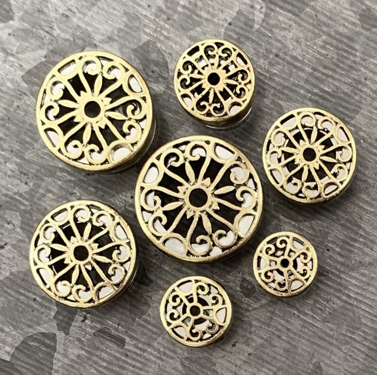 PAIR of Unique Burnished Gold Plate Tribal Hearts Top Steel Screw Fit Tunnels - Gauges 2g (6mm) thru 5/8" (16mm) Available!