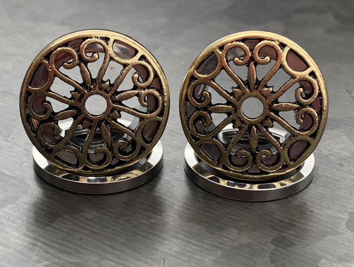 PAIR of Unique Burnished Gold Plate Tribal Hearts Top Steel Screw Fit Tunnels - Gauges 2g (6mm) thru 5/8" (16mm) Available!