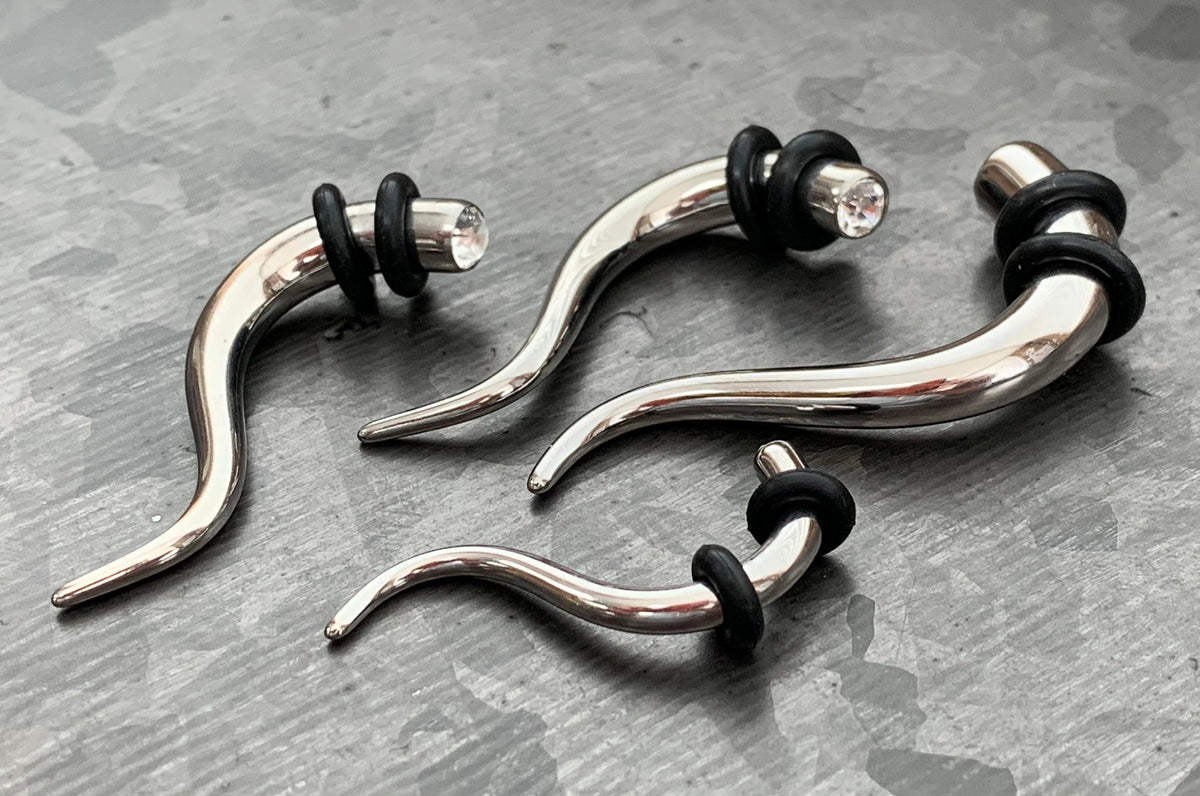 PAIR of Brilliant CZ Gem Double Curve Hanging Steel Tapers with O-Rings - Gauges 8g (3mm) thru 2g (6mm) available!
