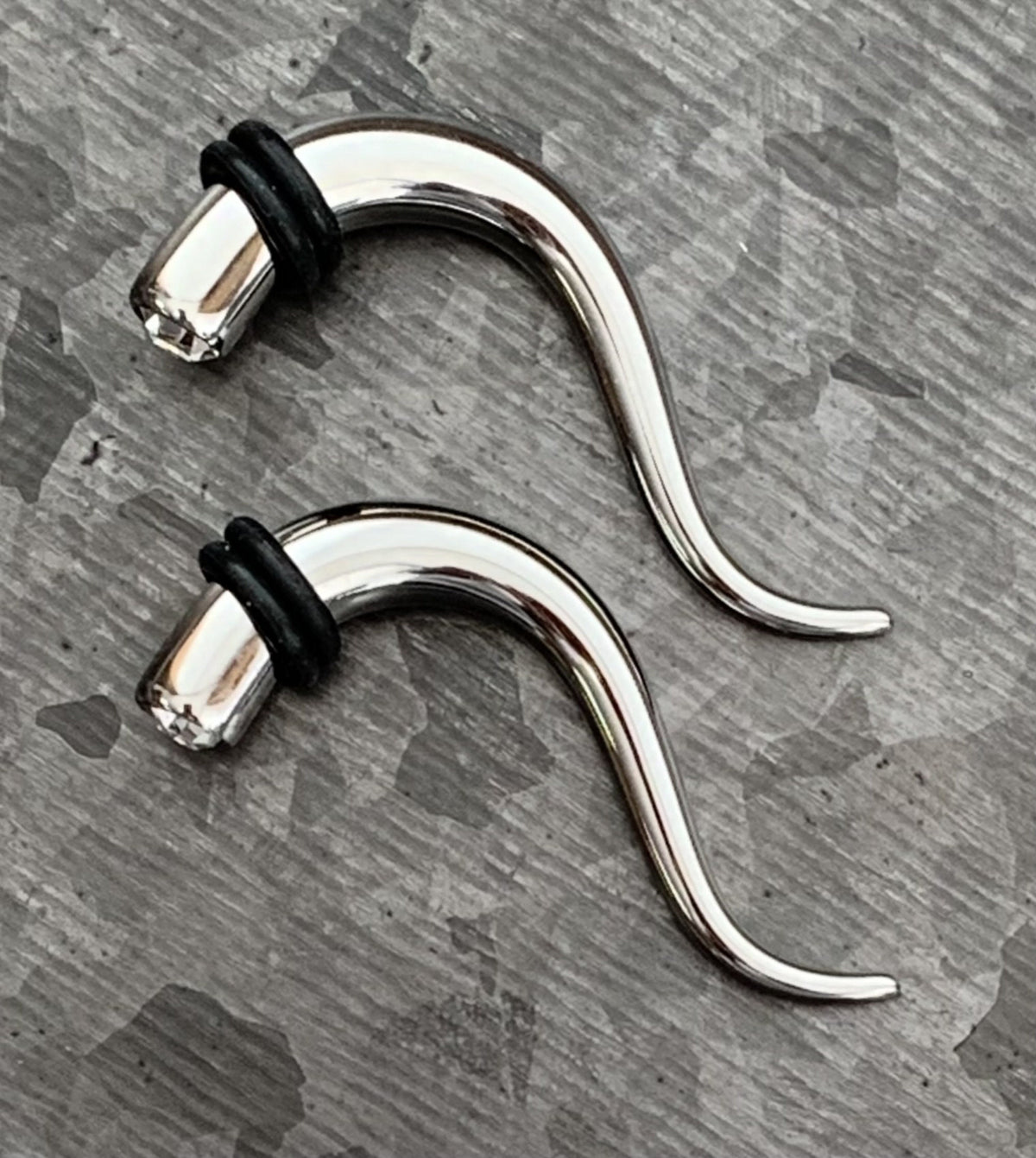 PAIR of Brilliant CZ Gem Double Curve Hanging Steel Tapers with O-Rings - Gauges 8g (3mm) thru 2g (6mm) available!