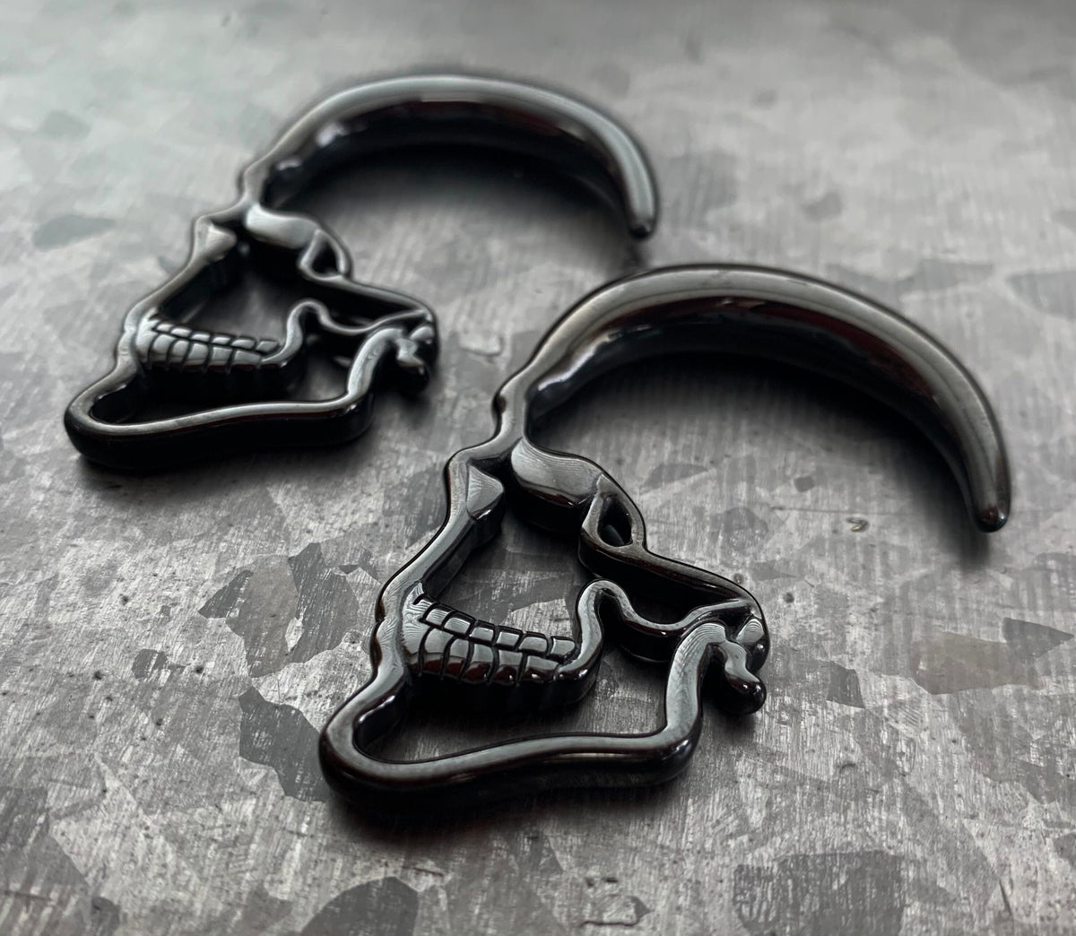 PAIR of Unique Black Steel Skull Hanging Tapers - Expanders - Gauges 10g thru 0g (8mm) available!