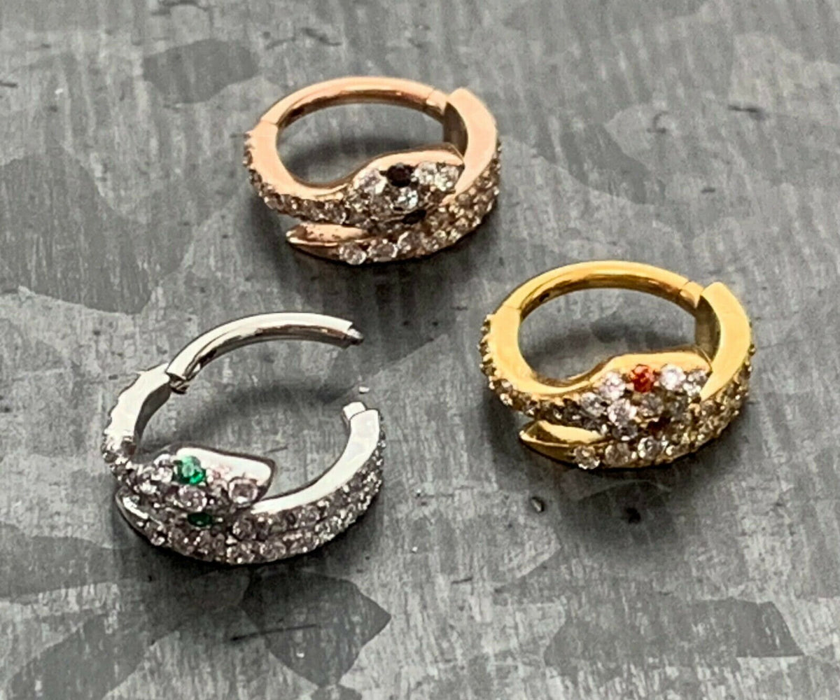 1 Piece of Dazzling CZ Gem Coiled Snake Steel Hinged Segment Ring - 16g, 8mm internal diameter - Gold, Rose Gold and Silver Available!